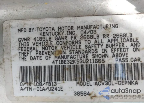 2003 Toyota Camry Le from USA, damaged, VIN 4T1BE32K53U211665